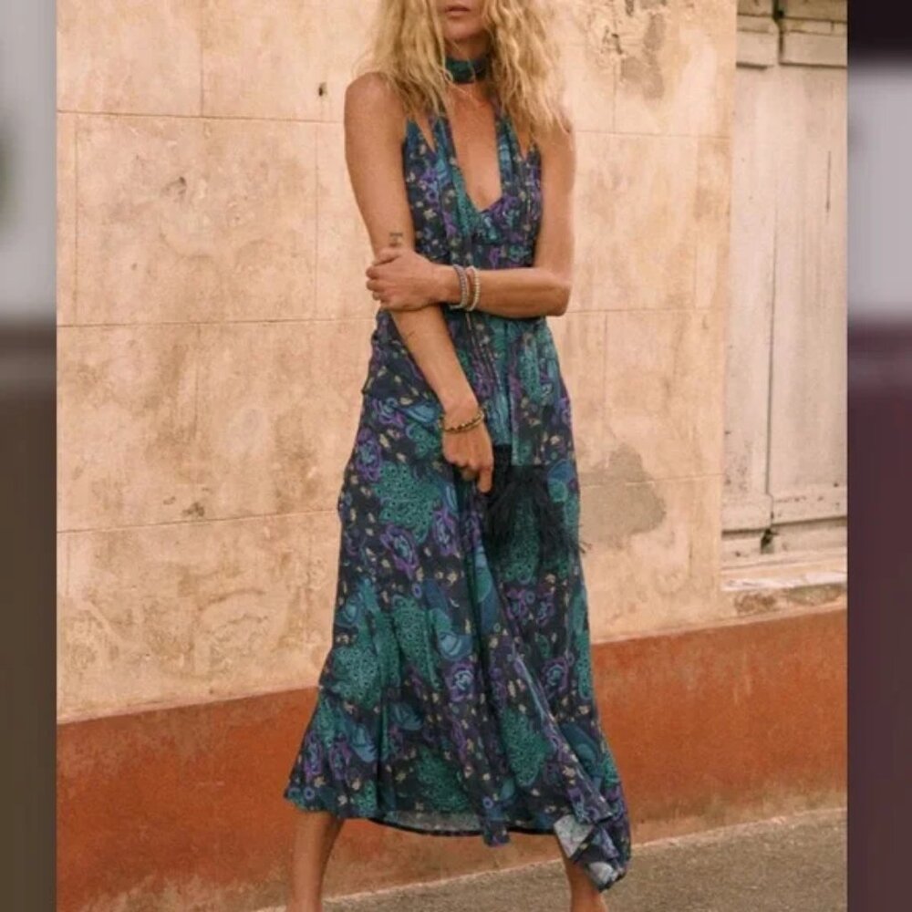 Spell & The Gypsy NEW Boheme Bias Slip Maxi Dress Peacock Blue/Purple LG NWT